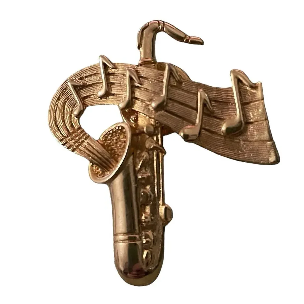 Jonette Jewelry JJ Gold Tone Saxophone Music Notes Pin Brooch Novelty Signed